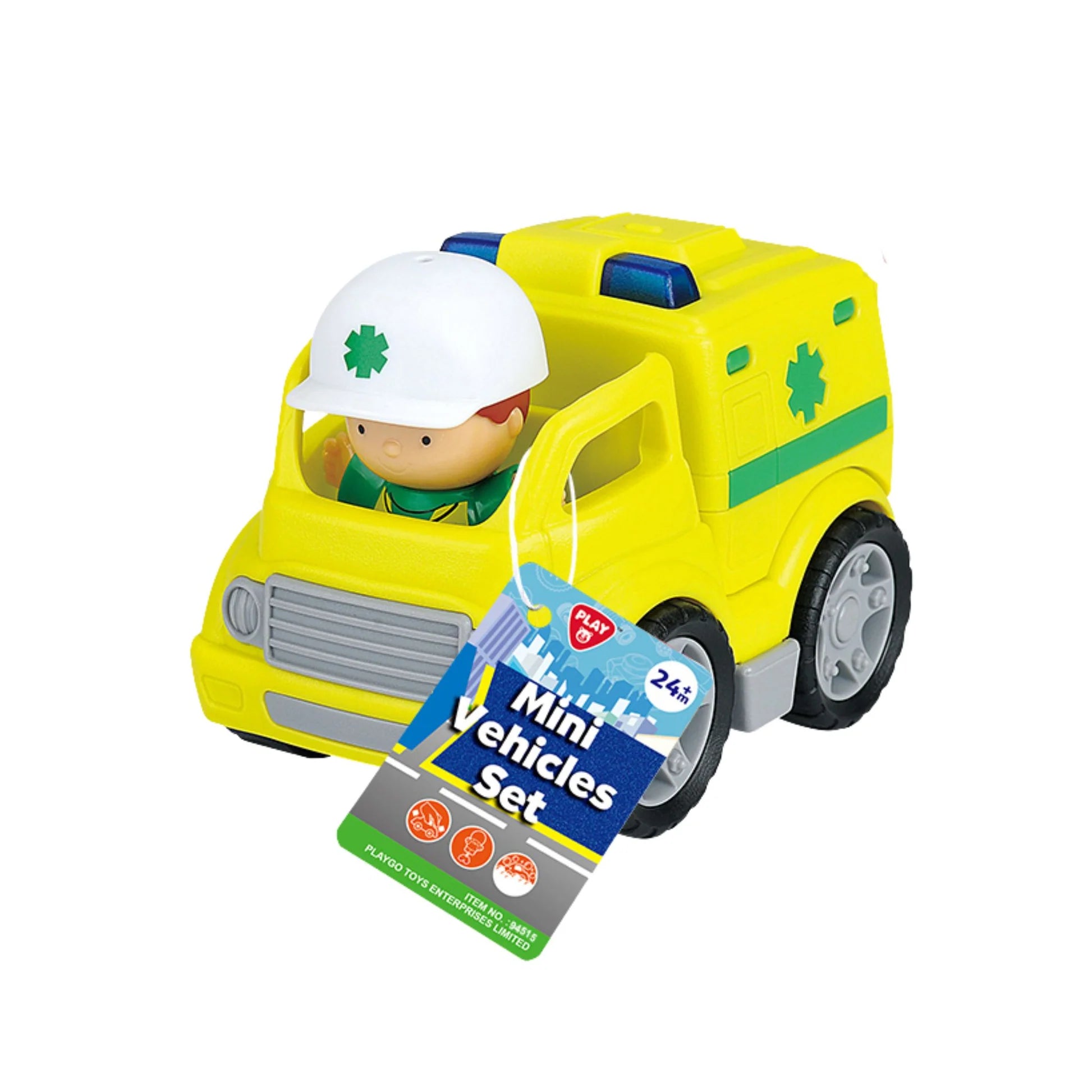 Toy ambulance with a driver figure and packaging on a white background