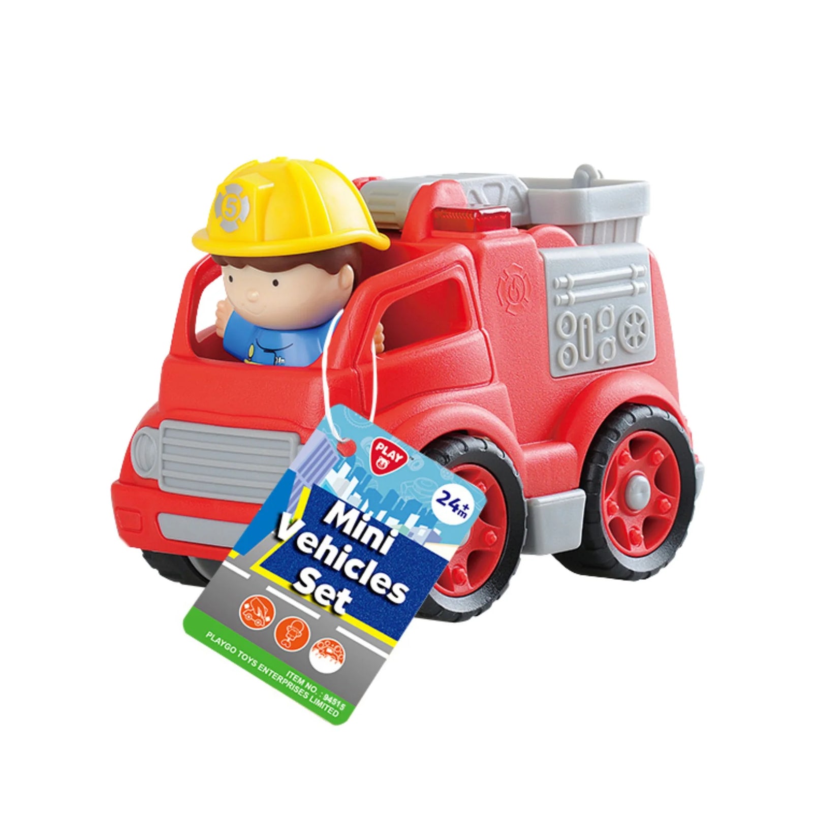 Toy fire truck with a character inside and a tag indicating it's part of a 'Mini Vehicles Set'.