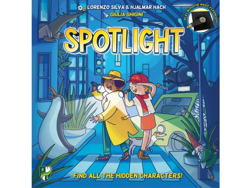 Spotlight' Board game with two characters and a dolphin on a blue background