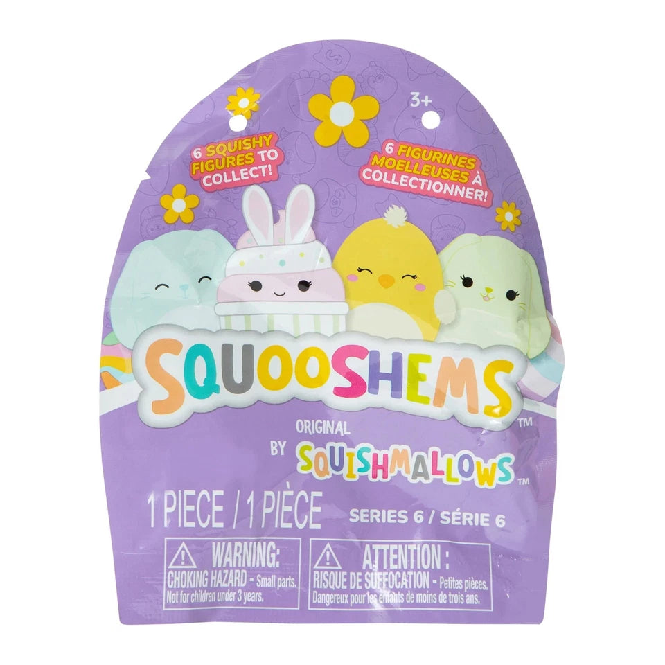SquooshEms with a cute Easter-themed design, featuring plush toys resembling a bunny and chicks, and the text indicating the toy is 1 piece, suitable for ages 3+.
