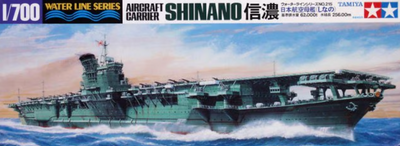 Tamiya 1/700 scale model kit box art for the aircraft carrier Shinano, showing a painted illustration of the ship at sea with the Tamiya logo in the top right corner.