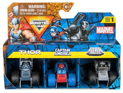 MONSTER JAM MINI MARVEL 3 PACK BUNDLE - THOR / CAPTAIN AMERICA / WAR MACHINE - Toyworld Frankston