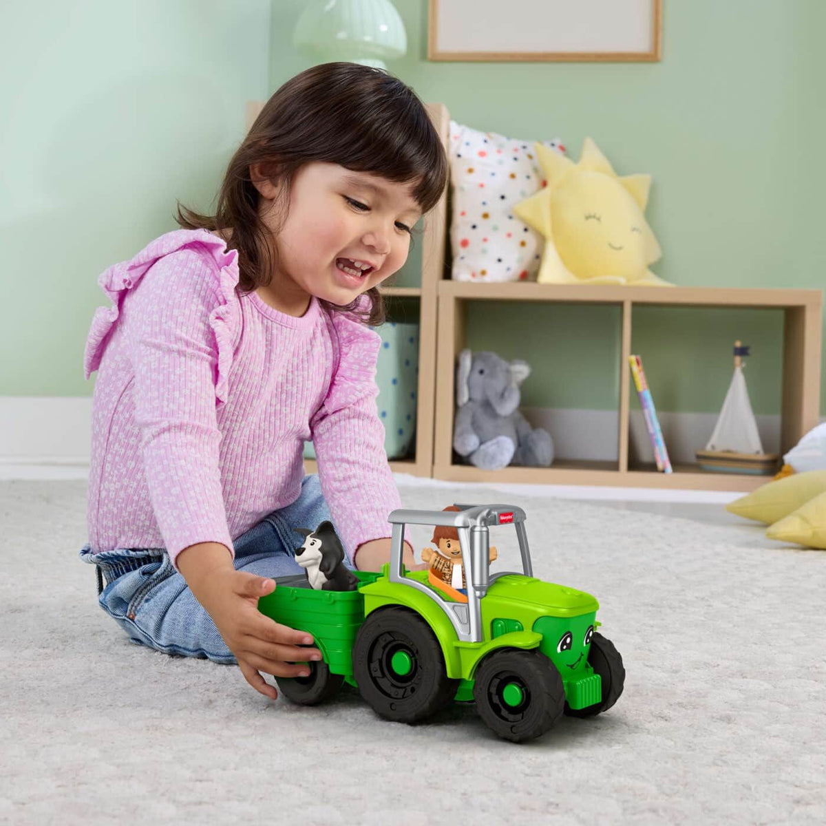 FISHER PRICE LITTLE PEOPLE PUSH AND PLAY TRACTOR GREEN - Toyworld Frankston