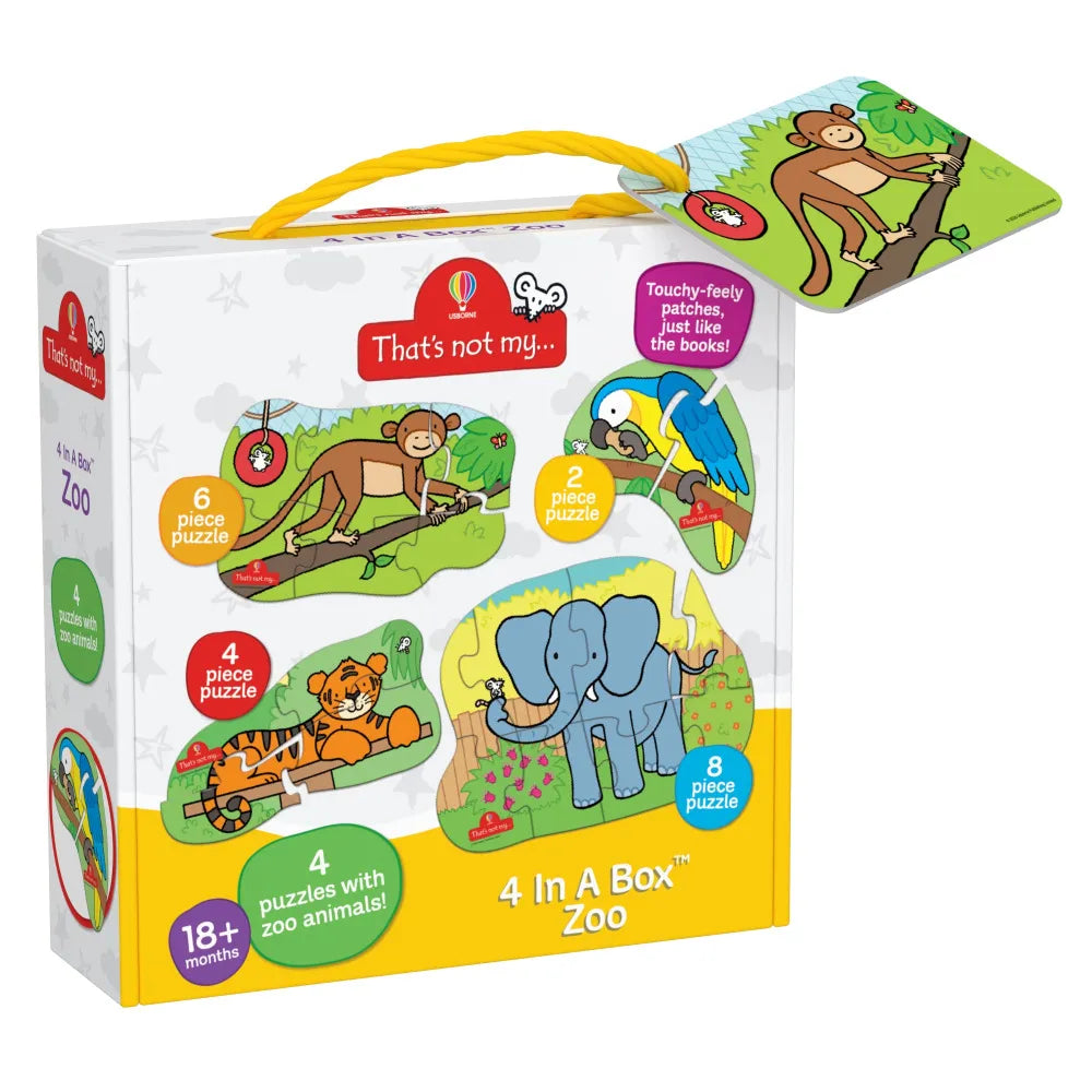 Children's puzzle set packaging with zoo animals on a white background