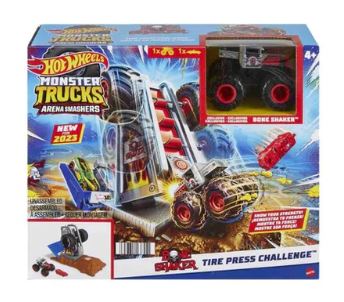 HOT WHEELS MONSTER TRUCKS ARENA SMASHERS TIRE PRESS CHALLENGE PLAYSET – BONE SHAKER - Toyworld Frankston