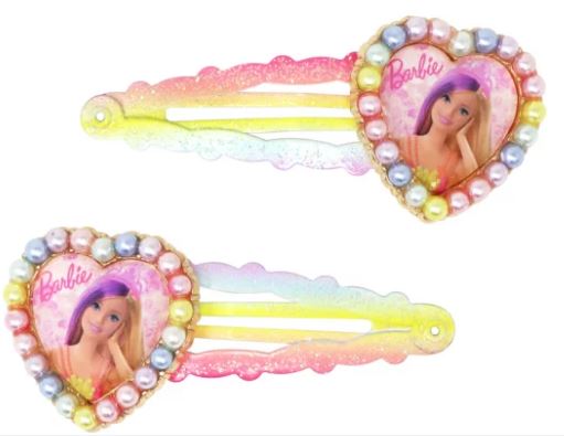 PINK POPPY - BARBIE RAINBOW FANTASY GLITTER SNAP CLIPS WITH PEARL HEART PENDANT - Toyworld Frankston