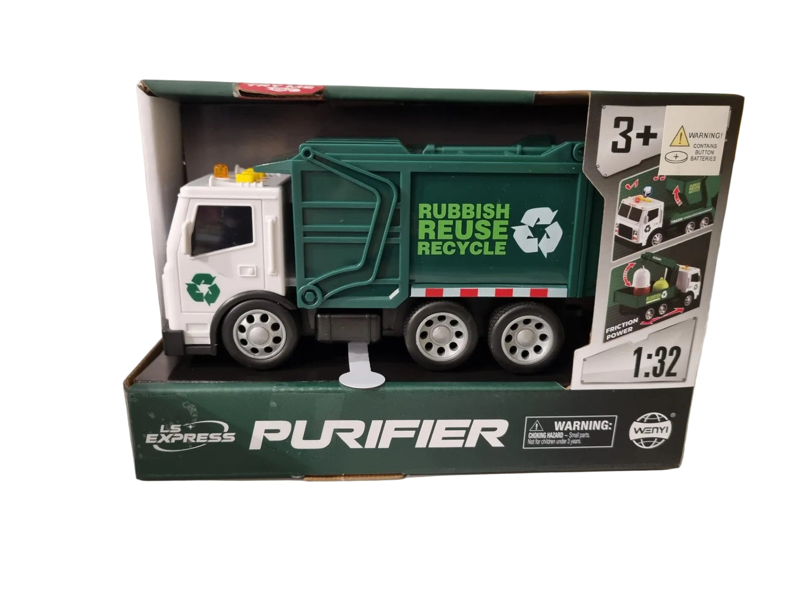 A 1:32 scale toy garbage truck in its original retail packaging, featuring a green and white design with recycling graphics.