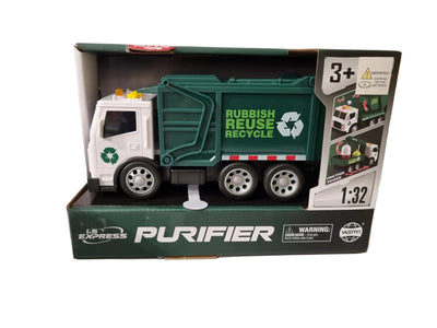 A 1:32 scale toy garbage truck in its original retail packaging, featuring a green and white design with recycling graphics.