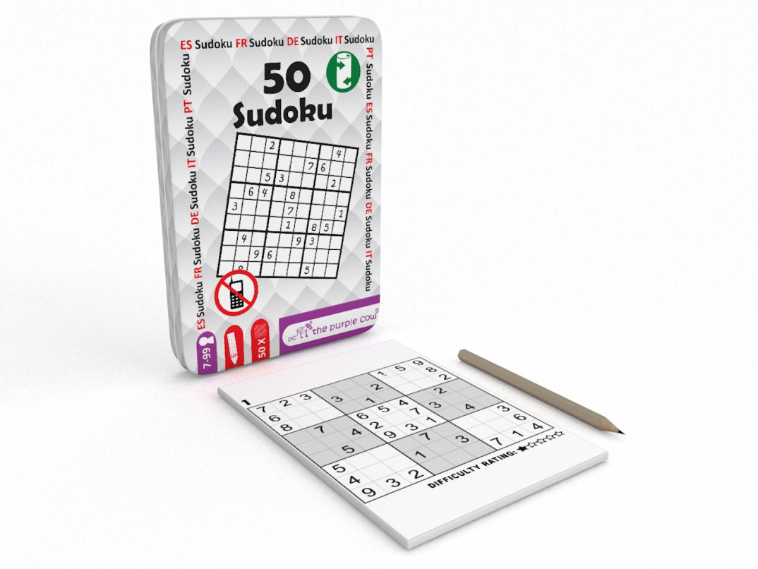 THE PURPLE COW TRAVEL TIN OF 50  - SUDOKU - Toyworld Frankston