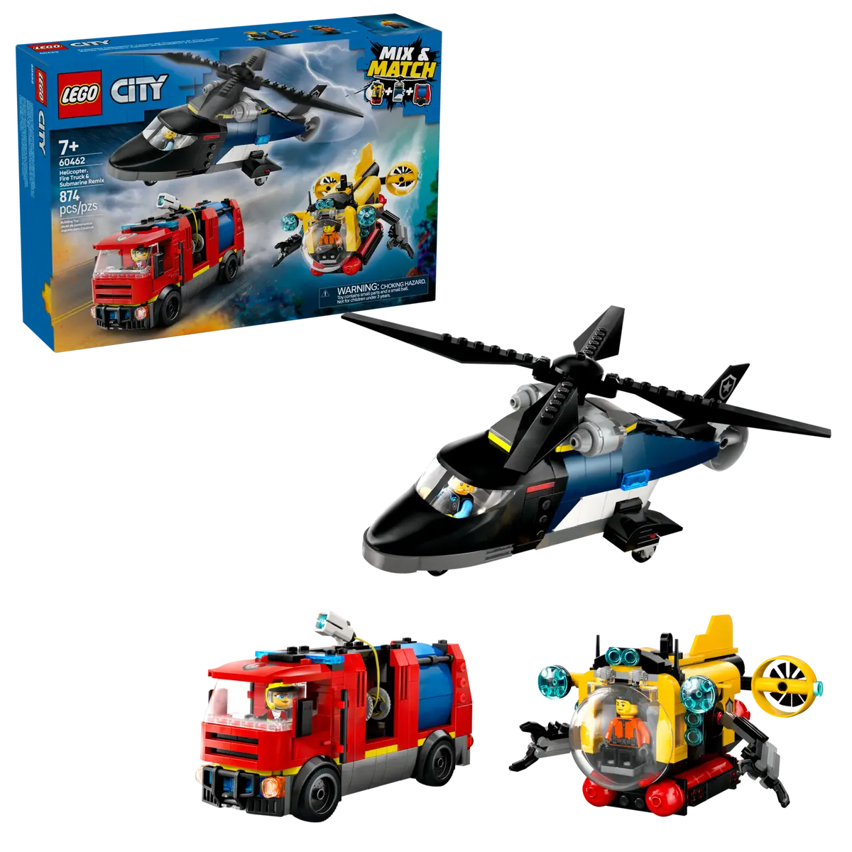 LEGO 60462 CITY - HELICOPTER FIRE TRUCK AND SUBMARINE REMIX - Toyworld Frankston