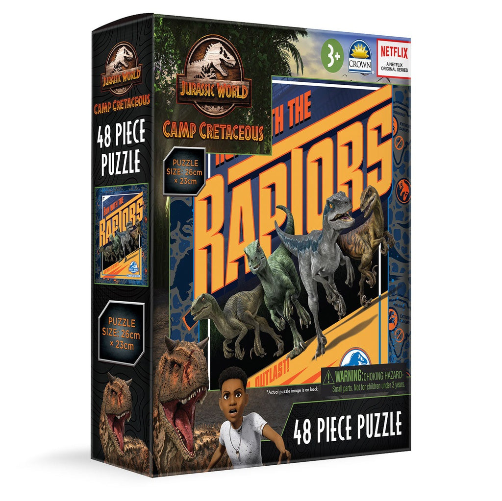 CROWN - JURASSIC WORLD - RUN WITH THE RAPTORS 48 PIECE PUZZLE - Toyworld Frankston