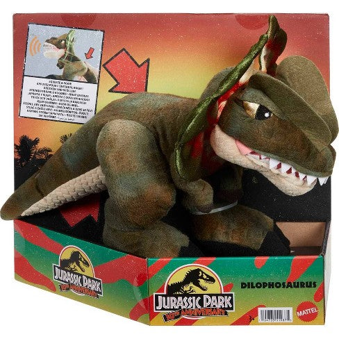 JURRASSIC PARK 30TH ANNIVERSARY DILOPHOSAURUS PLUSH WITH MOVEMENT AND SOUND - Toyworld Frankston