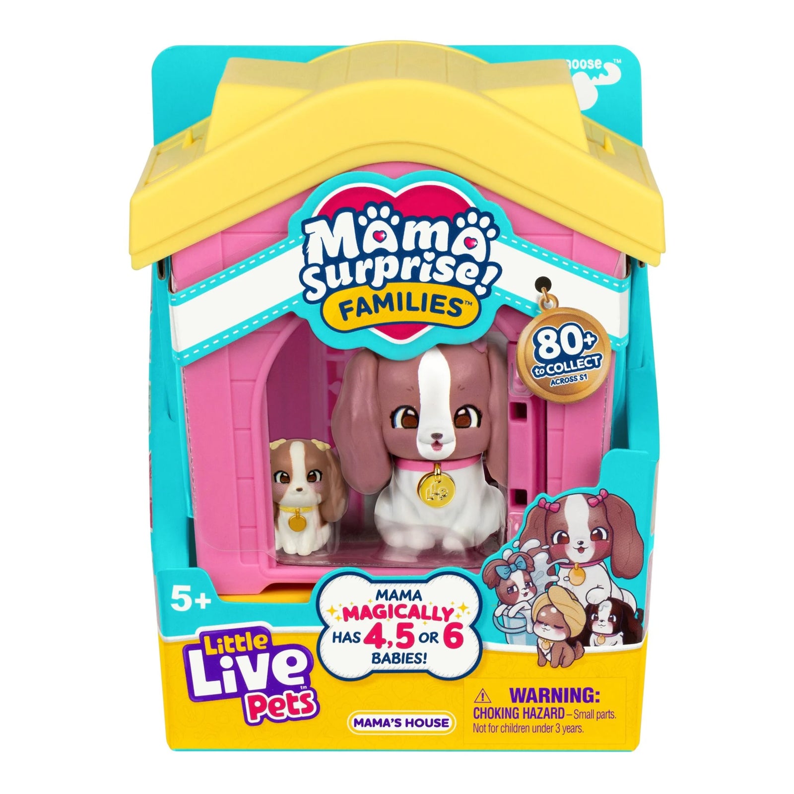 Mama's House Little Live Pets Mama's Surprise! Families toy set, featuring a pink doghouse playset with a brown and white puppy figure and a smaller dog figure inside a bright yellow and teal retail box.