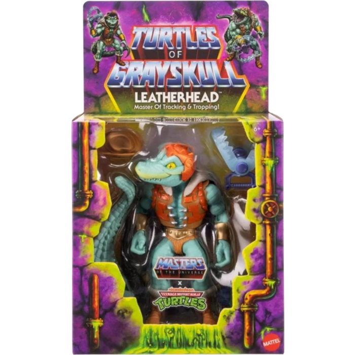 Toy figure of Leatherhead from Turtles of Eternskull in packaging with purple background