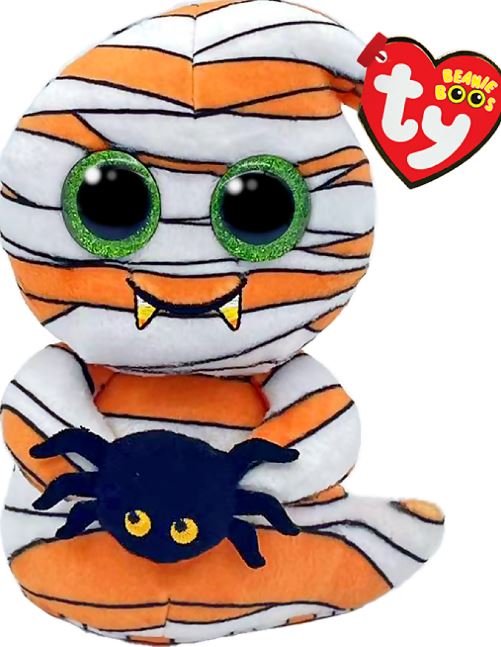 TY BEANIE BOO - HALLOWEEN - 'MUMFORD' STRIPEY GHOST WITH SPIDER REGULAR - Toyworld Frankston