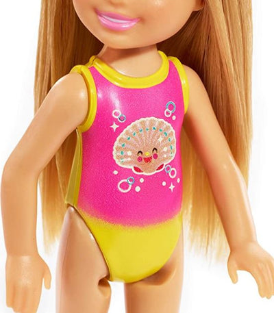BARBIE CLUB CHELSEA BEACH DOLL - DARK BLONDE HAIR PINK SHELL SWIMMERS - Toyworld Frankston