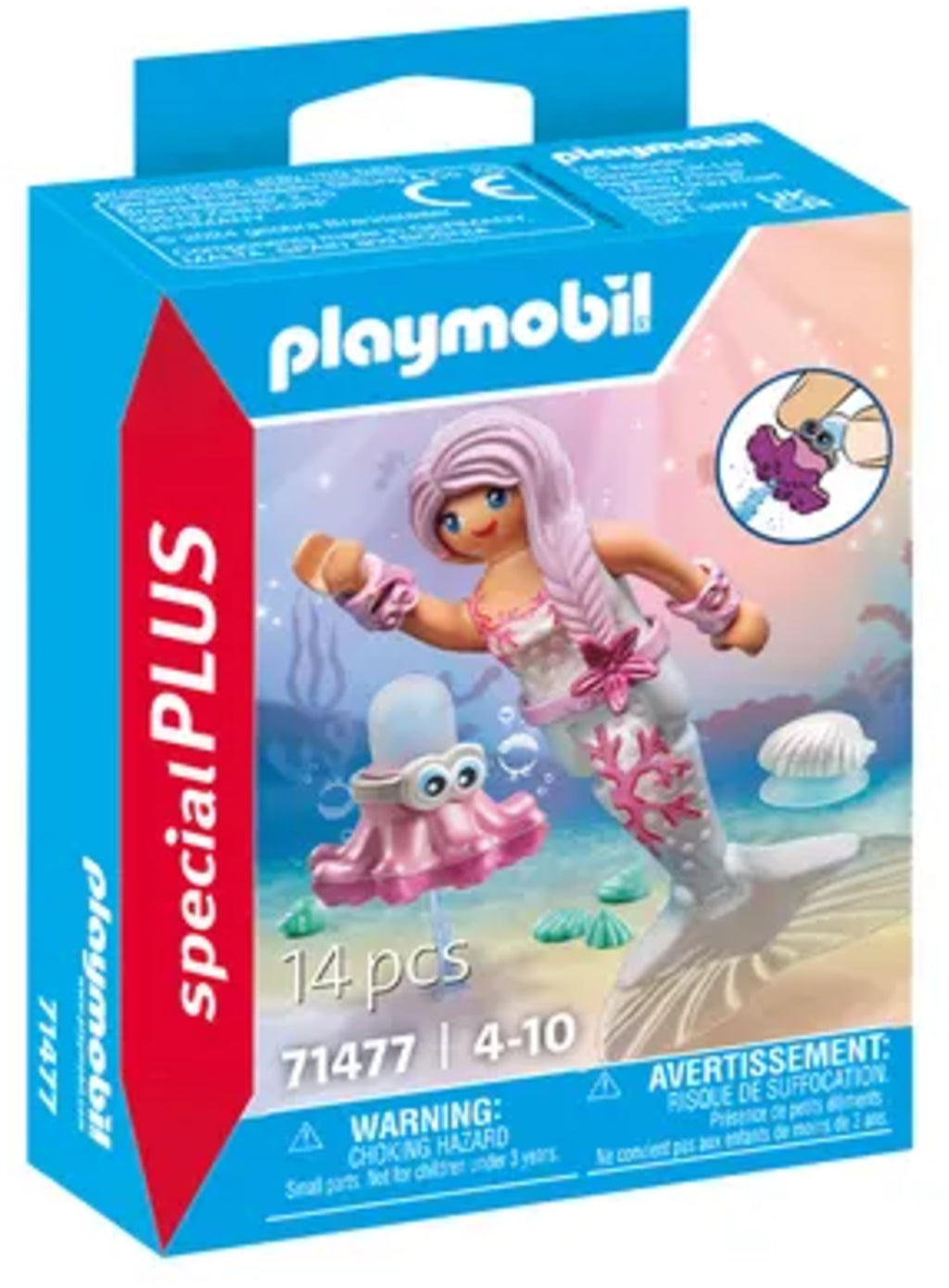 Playmobil Special Plus mermaid toy set in its original blue and red retail packaging, featuring a 14-piece building set with a mermaid and octopus.