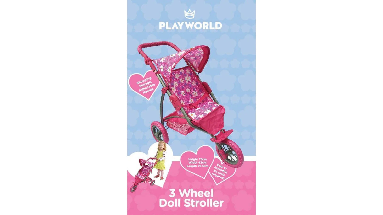 PLAYWORLD DOLL 3 WHEEL STROLLER PINK - Toyworld Frankston