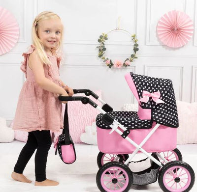 BAYER TRENDY DOLL PRAM PINK WITH BLACK HOOD & PINK BOW - Toyworld Frankston