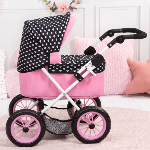 BAYER TRENDY DOLL PRAM PINK WITH BLACK HOOD & PINK BOW - Toyworld Frankston