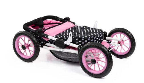BAYER TRENDY DOLL PRAM PINK WITH BLACK HOOD & PINK BOW - Toyworld Frankston