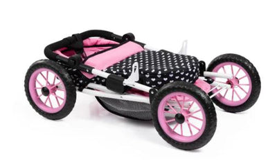 BAYER TRENDY DOLL PRAM PINK WITH BLACK HOOD & PINK BOW - Toyworld Frankston