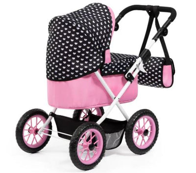 BAYER TRENDY DOLL PRAM PINK WITH BLACK HOOD & PINK BOW - Toyworld Frankston