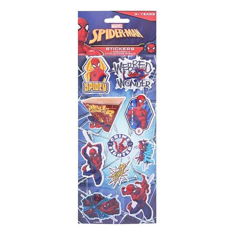 Marvel Spider-Man stickers in a tall rectangular blister pack on a plain white background. The package shows multiple Spider-Man themed sticker designs including Spider-Man, Webbed with Wonder, and comic-style graphics.