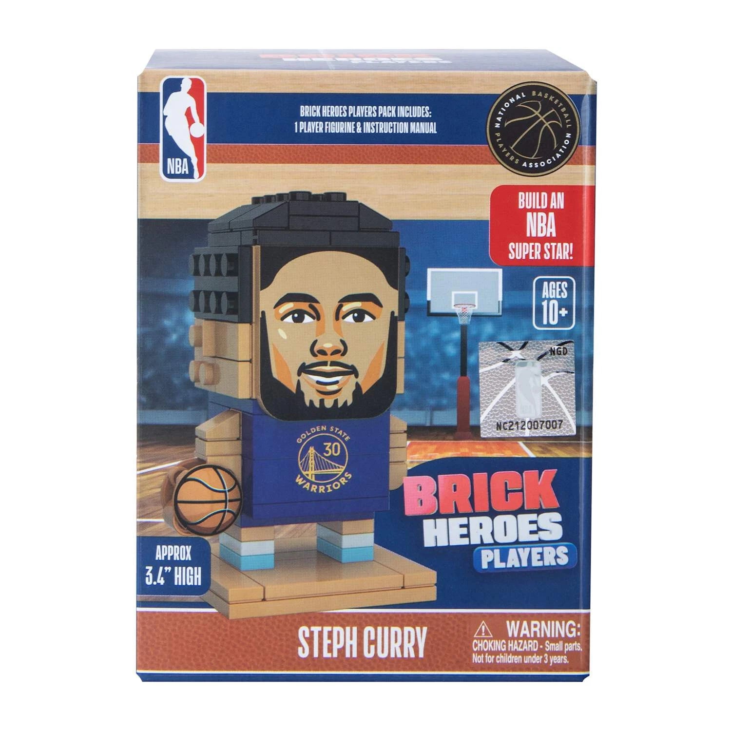 NBA Brick Heroes Players Steph Curry collectible mini-brick figure set in its original retail packaging, featuring a 3D-rendered Steph Curry figure wearing a Golden State Warriors jersey.