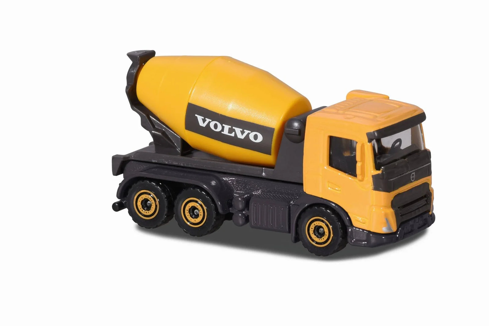 A small Volvo cement mixer toy truck with a yellow rotating drum and cab, black chassis, and yellow-and-black wheels, photographed on a clean white background.
