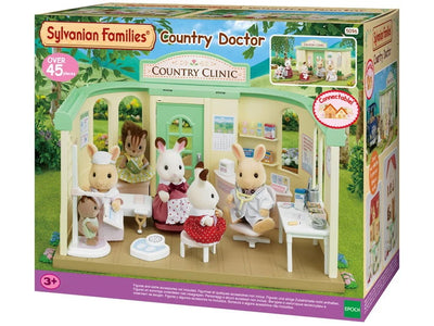 Sylvanian Families Country Doctor set packaging with characters and clinic interior.