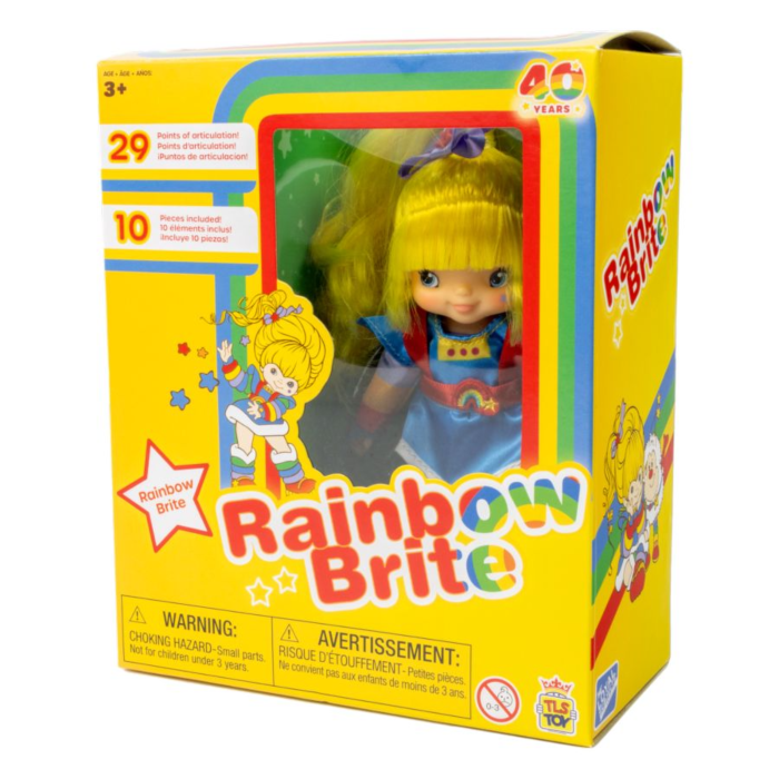 Rainbow Brite toy packaging with a doll inside, featuring the Rainbow Brite logo and branding.