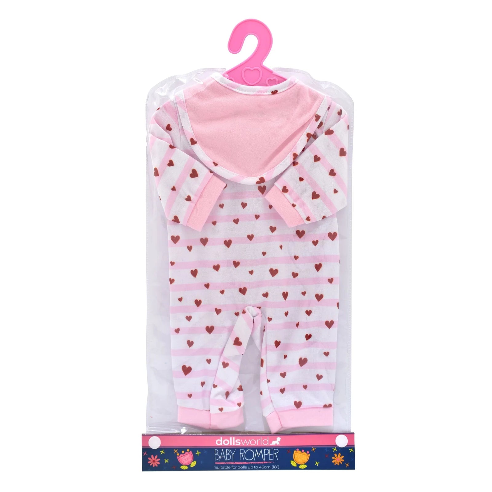 DOLLSWORLD FASHION BOUTIQUE BABY ROMPER - WHITE OUTFIT WITH RED HEARTS AND PINK BIB