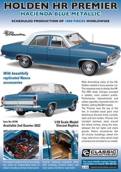 CLASSIC CARLECTABLES 1:18 HOLDEN HR PREMIER-HACIENDA BLUE METALLIC