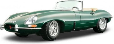 1/18 scale diecast car model of 1961 Jaguar E Type Convertible Green die cast model car by Bburago.  Real rubber tires. Has steerable wheels. Officially licensed product. Has opening hood, doors and trunk. Made of diecast with some plastic parts. Detailed interior, exterior, engine compartment.  Dimensions approximately L-9.5, W-3.75, H-2.75 inches.  Please note that manufacturer may change packing box at anytime. Product will stay exactly the same.