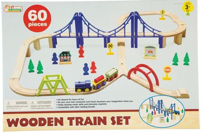 FIRST LEARNING WOODEN TRAIN SET WITH BRIDGE 60PC - Toyworld Frankston