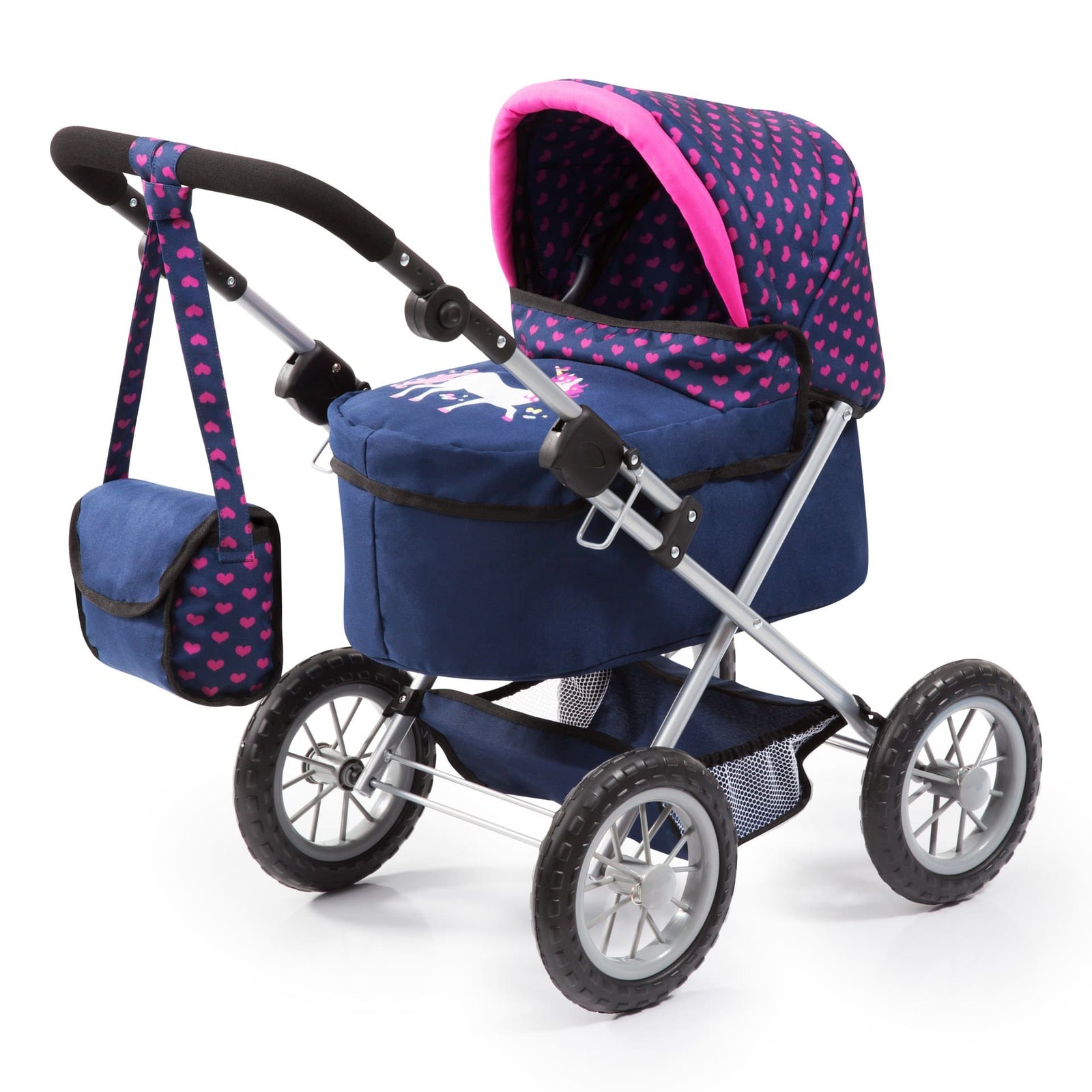BAY TRENDY DOLL PRAM - DARK BLUE W/ HEARTS & UNICORN - Toyworld Frankston