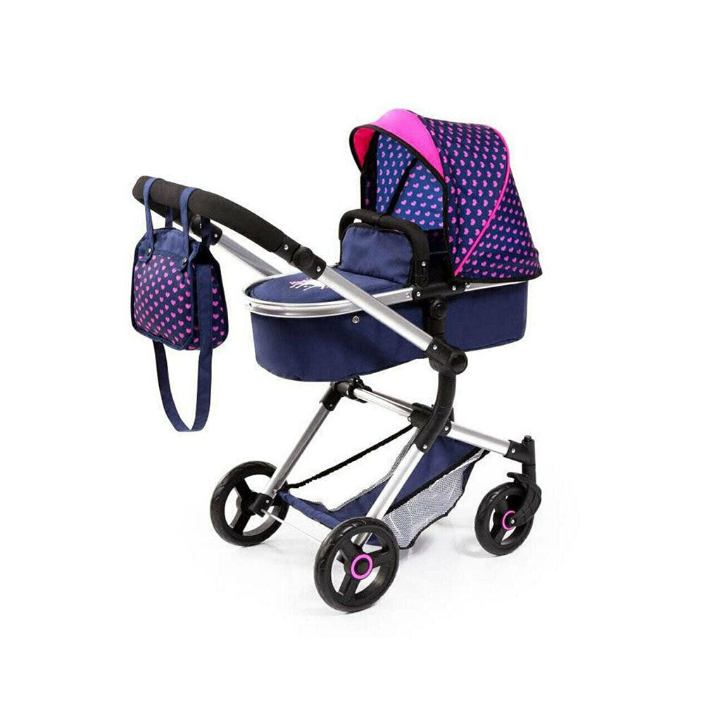 BAYER CITY NEO VARIO DOLL PRAM DARK BLUE W/PINK HEARTS & UNICORN - Toyworld Frankston