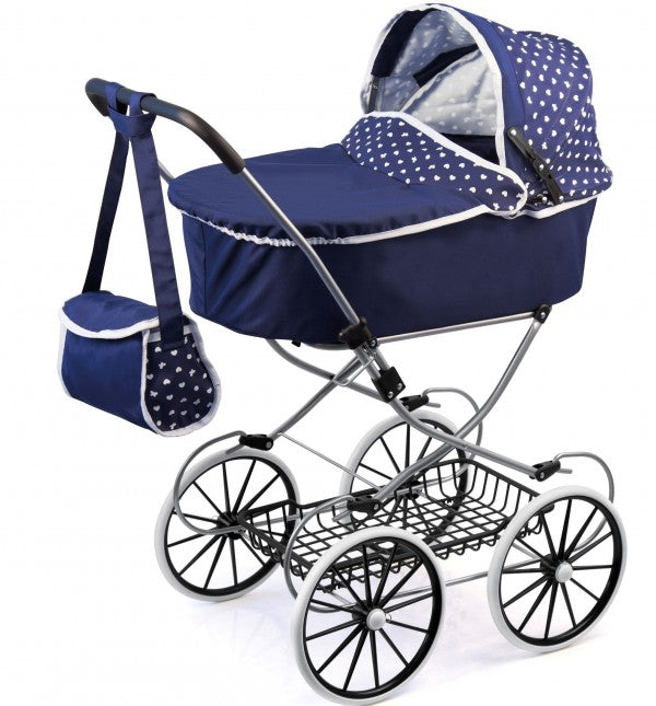 BAYER CLASSIC DELUXE PRAM - DARK BLUE WITH WHITE HEARTS - Toyworld Frankston