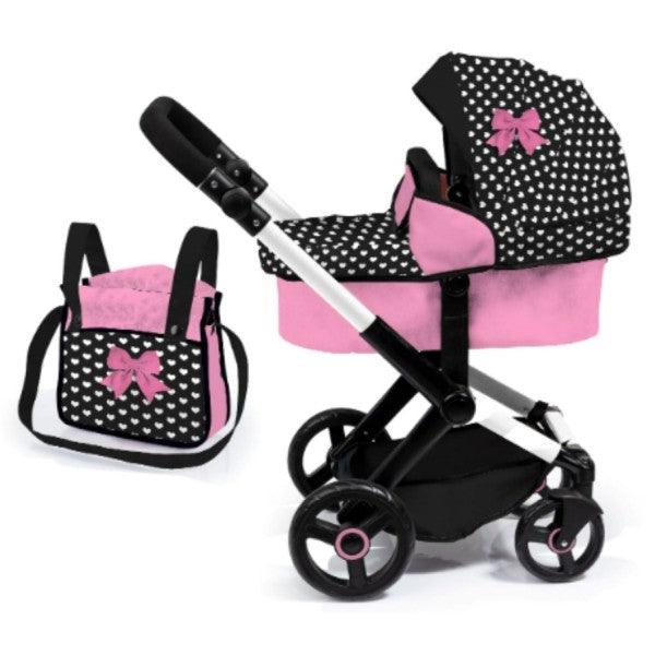 BAYER COMPACT DOLL PRAM - PINK/WHITE HEARTS & PINK BOW - Toyworld Frankston