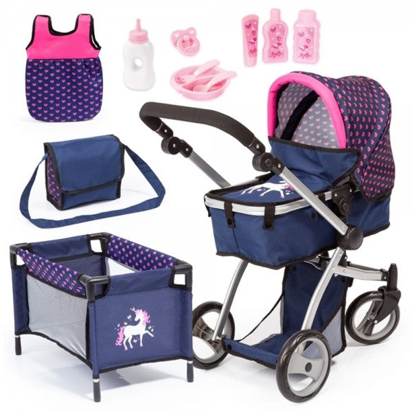 BAYER MILANA MEGA SET W/ COMBI PRAM - DARK BLUE WITH PINK HEARTS - Toyworld Frankston