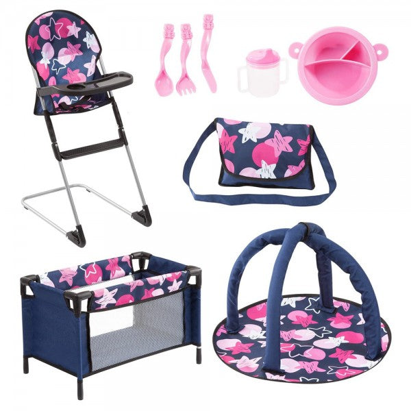 BAYER TRAVEL BED SET - 9 IN ONE - DARK BLUE + PINK - Toyworld Frankston