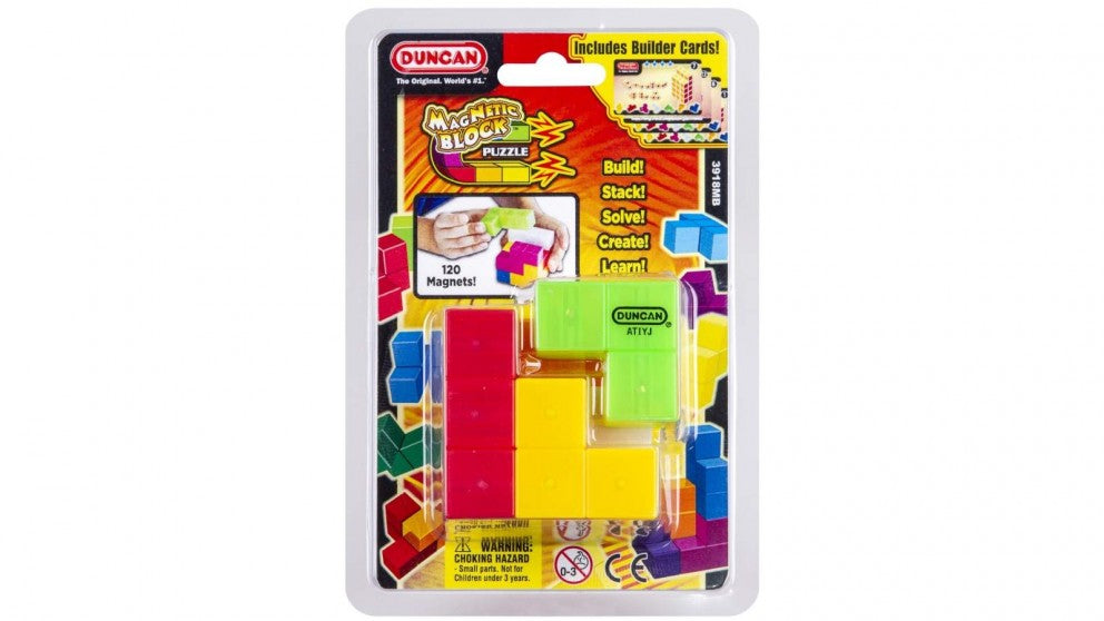 Packaging of Duncan Magnetic Block toy featuring multiple colored blocks and a green magnetic toy figure.