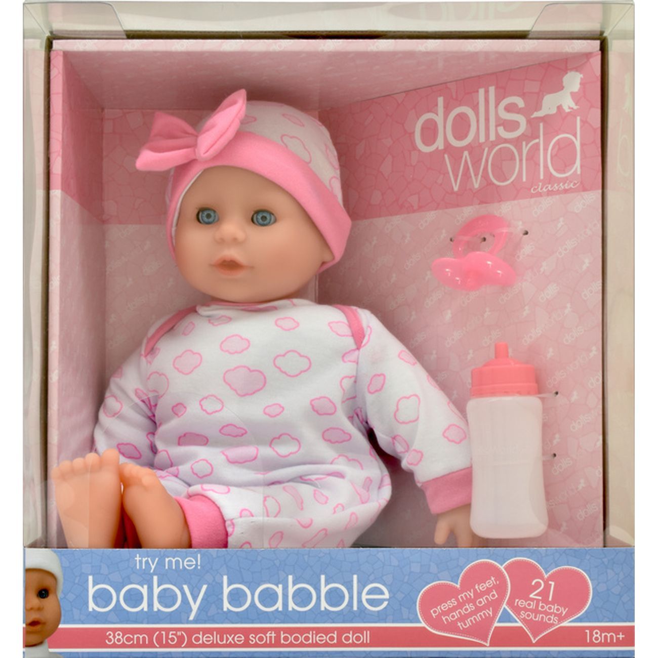DOLLSWORLD BABY BABBLE 38CM WITH 21 SOUNDS - Toyworld Frankston
