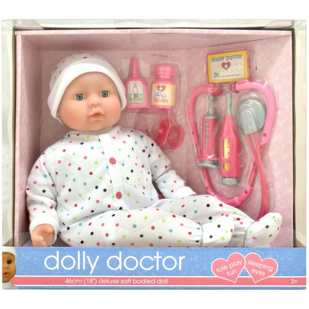 DOLLSWORLD DOLLY DOCTOR POLKA DOT 46CM - Toyworld Frankston