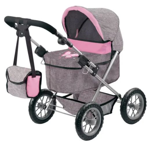 BAYER TRENDY DOLL PRAM GREY & PINK BUTTERFLY - Toyworld Frankston
