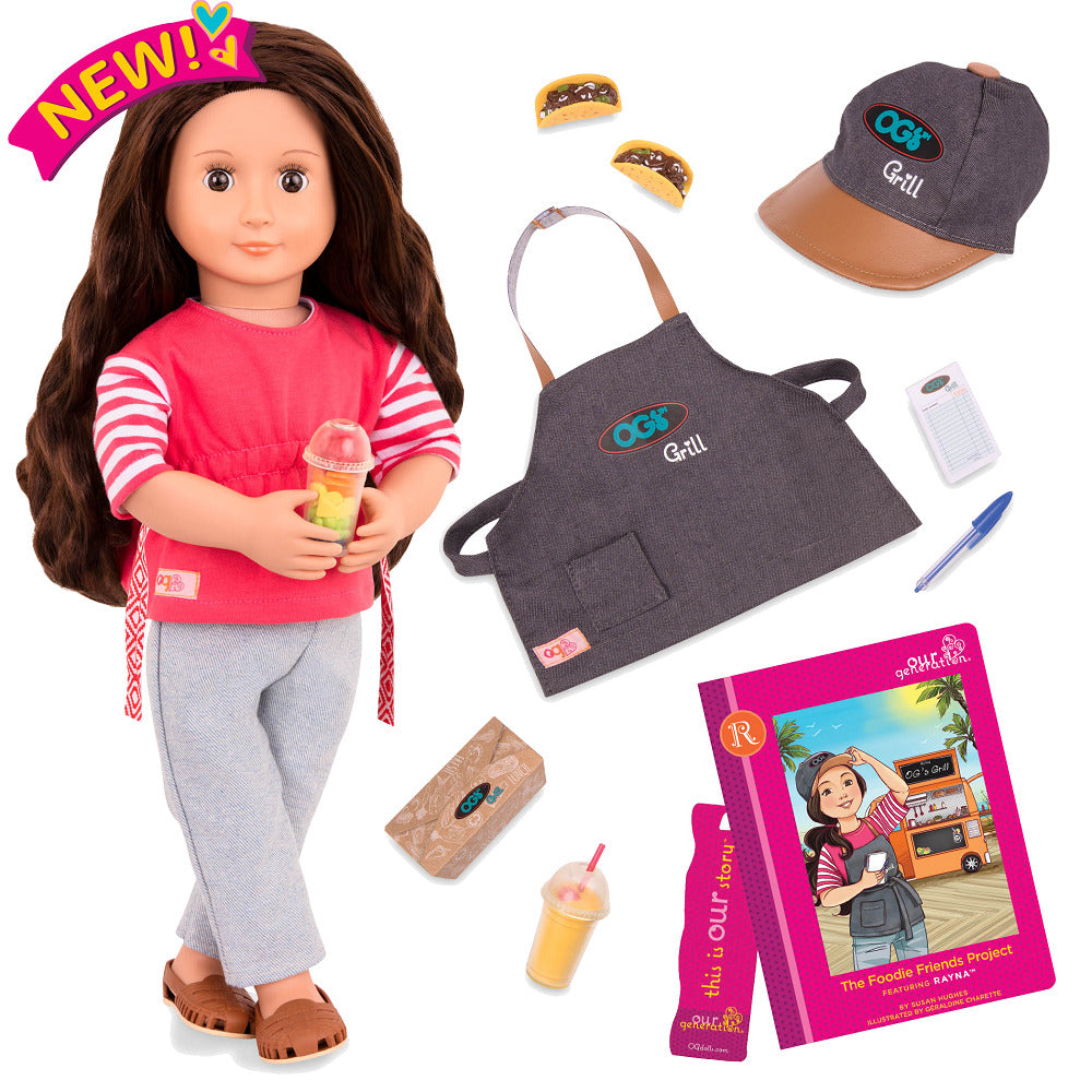 OUR GENERATION DELUXE FOOD TRUCK DOLL W/ BOOK RAYNA AND INTHE FOODIE FRIENDS PROJECTIN BROWN | Toyworld Frankston | Toyworld Frankston