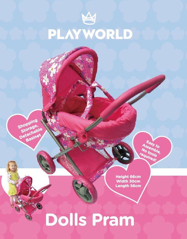 PLAYWORLD DOLL PRAM MEDIUM PINK WF - Toyworld Frankston