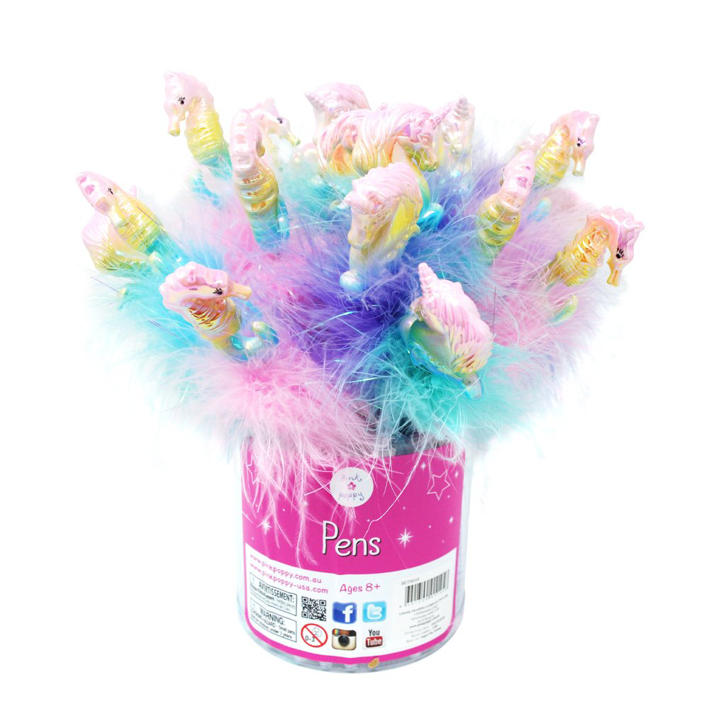 PINK POPPY SEAHORSE AND UNICORN FLUFFY PENS - Toyworld Frankston