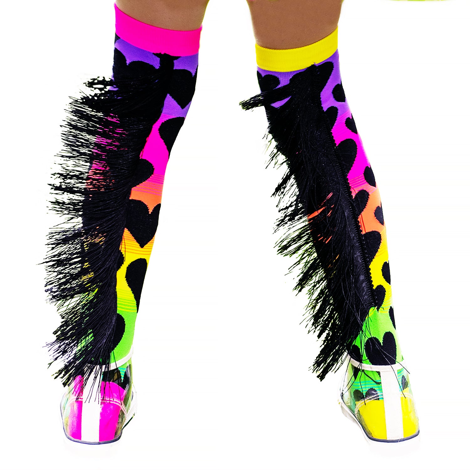 MADMIA SUNSET SOCKS WITH RAINBOW HEARTS AND BLACK TASSELS 6-99 YRS - Toyworld Frankston